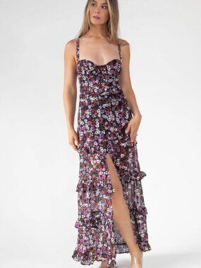 NWT FORE Women's Large Floral Print‎ Formal Sweetheart Ruffle Slit Maxi Dress